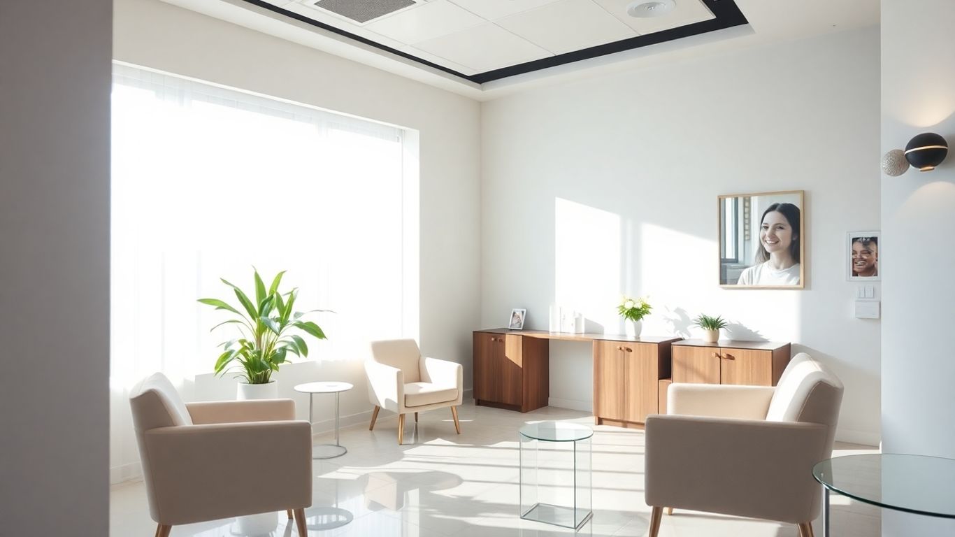 Modern clinic interior with sunlight and a smiling patient.