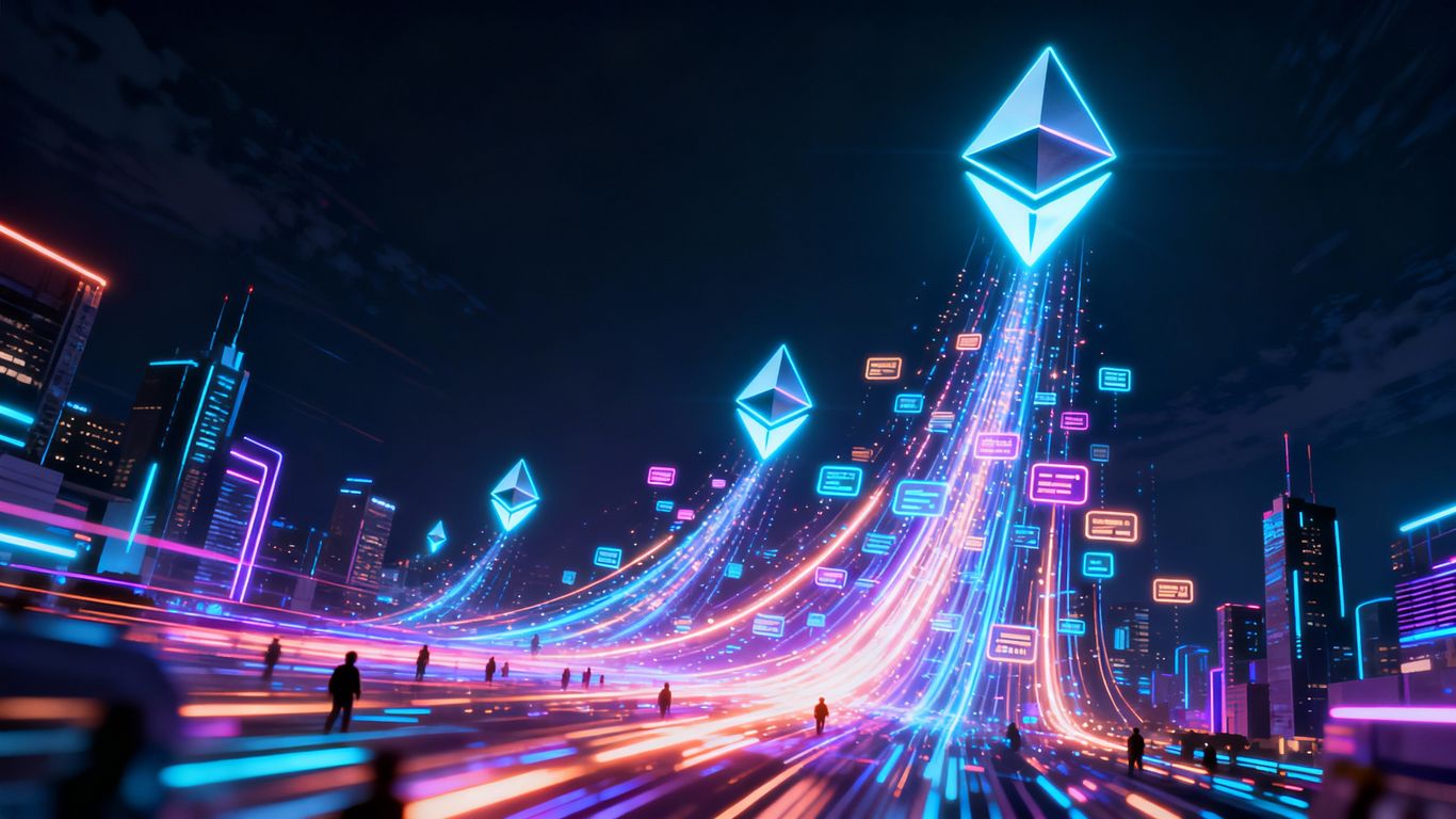 Ethereum network growth with surging users and transactions.