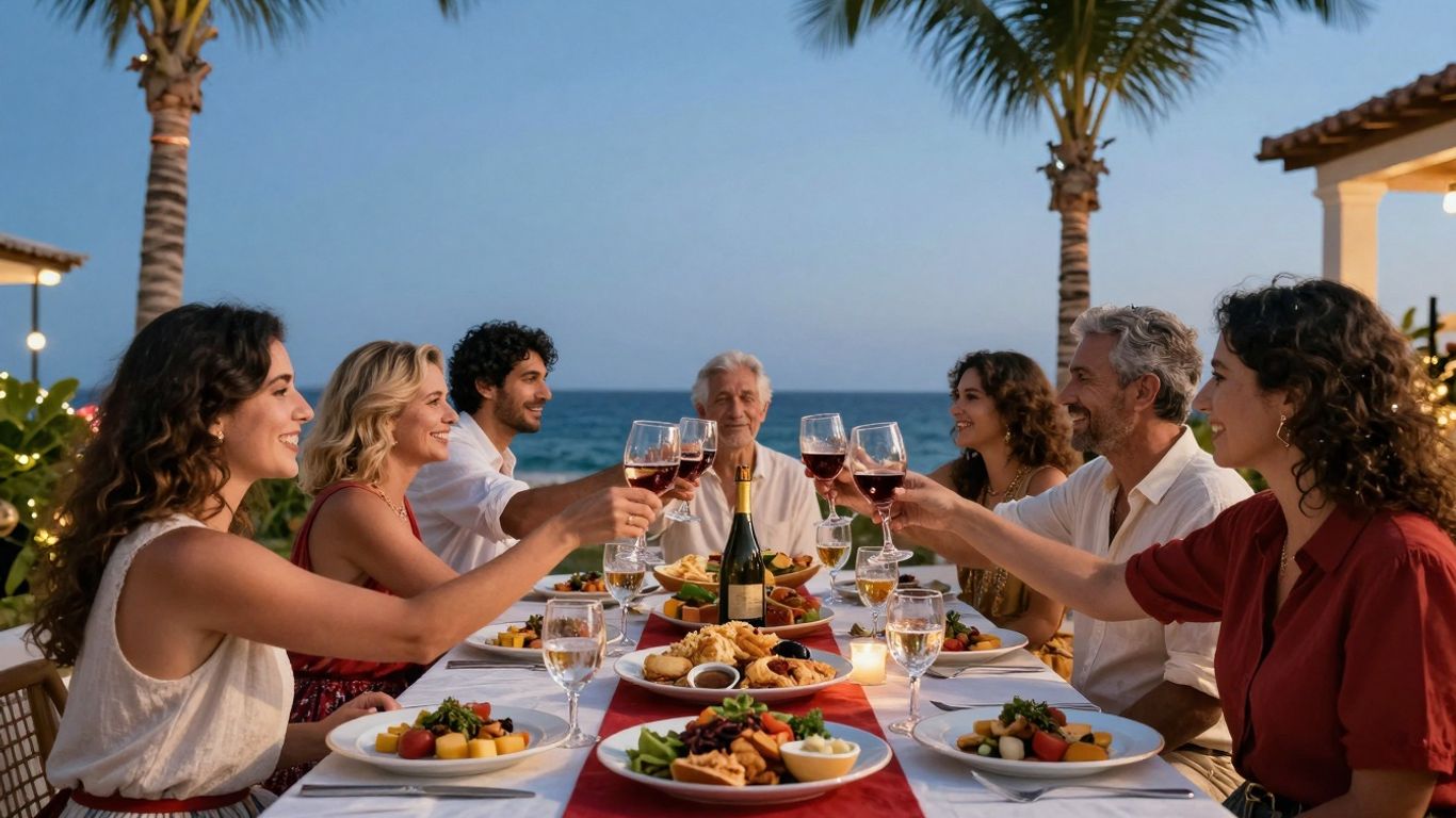 Group dining at a festive Christmas Eve dinner in Cabo.