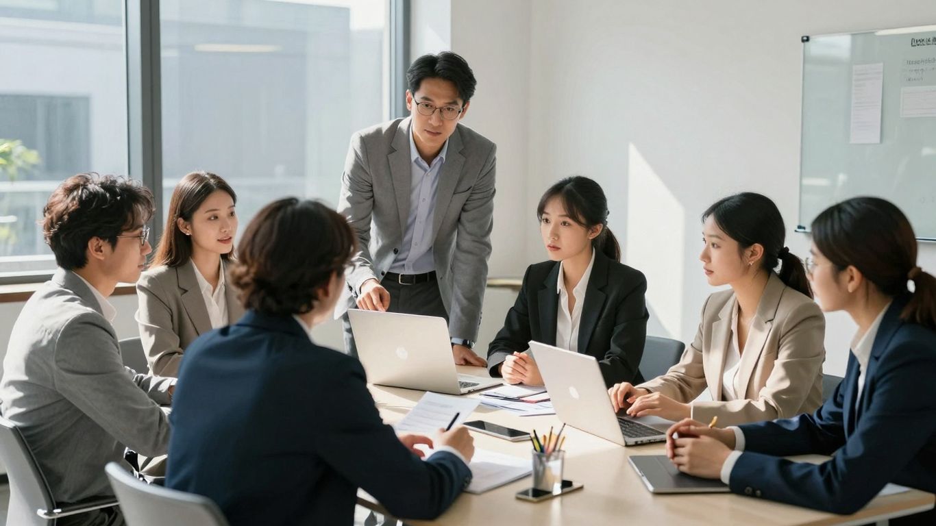 Business professionals collaborating in a modern office.