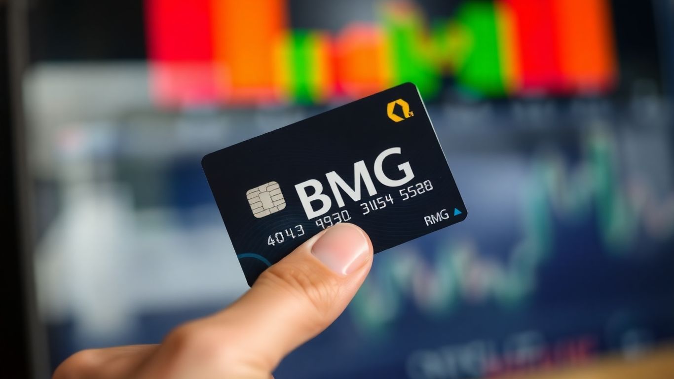 Pessoa segurando cartão BMG com fundo financeiro.