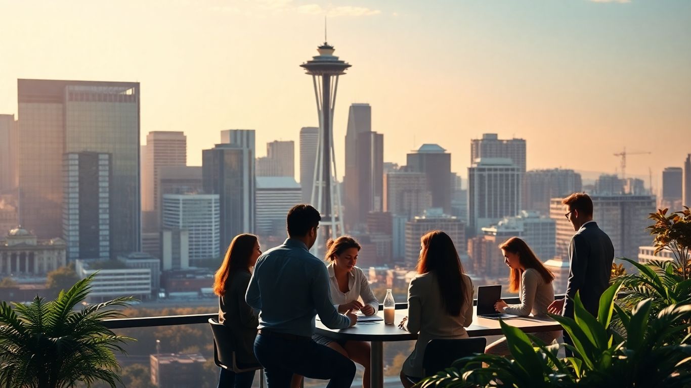 Seattle skyline and business professionals collaborating.