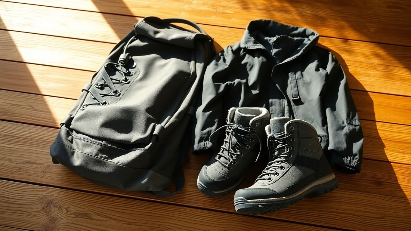 Durable outdoor gear laid out on a wooden surface.