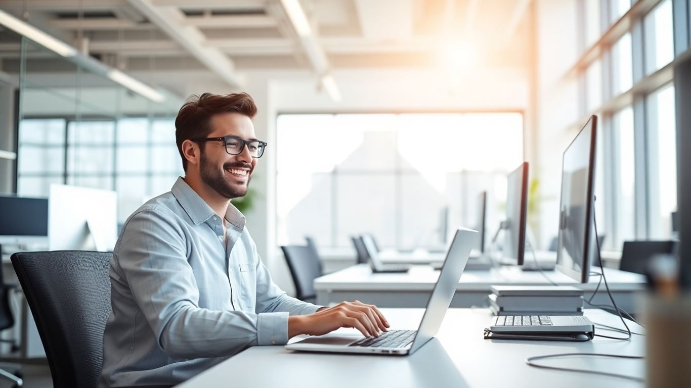 Person happily working on a laptop in a bright office.