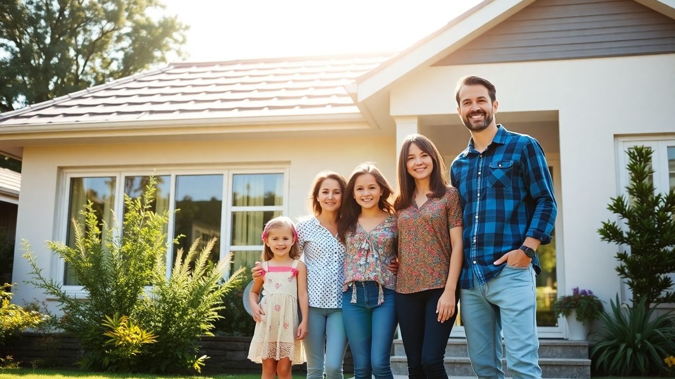 Familia feliz frente a casa segura con jardín moderno
