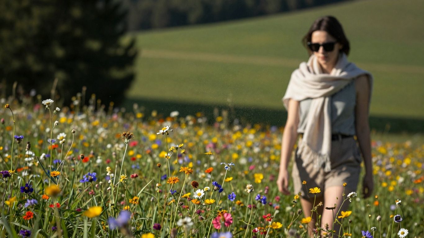 Blühende Wiese mit Pollenflug und einer Person im Freien.