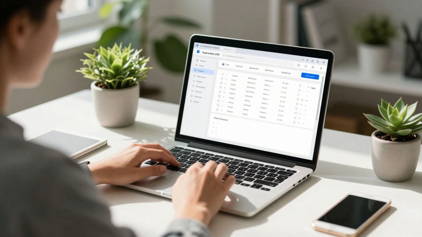 Modern desk with project management software and plants.