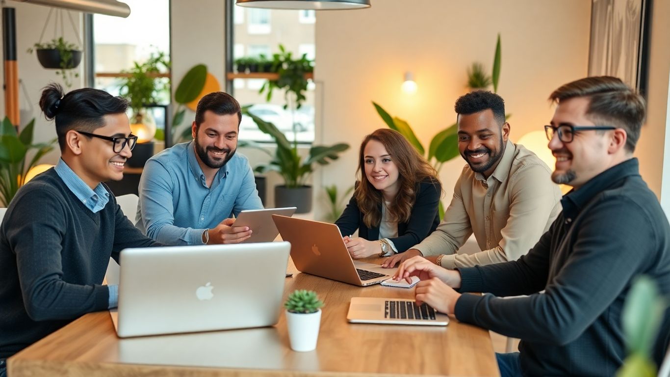 Team di una piccola impresa che collabora intorno ai laptop in ufficio