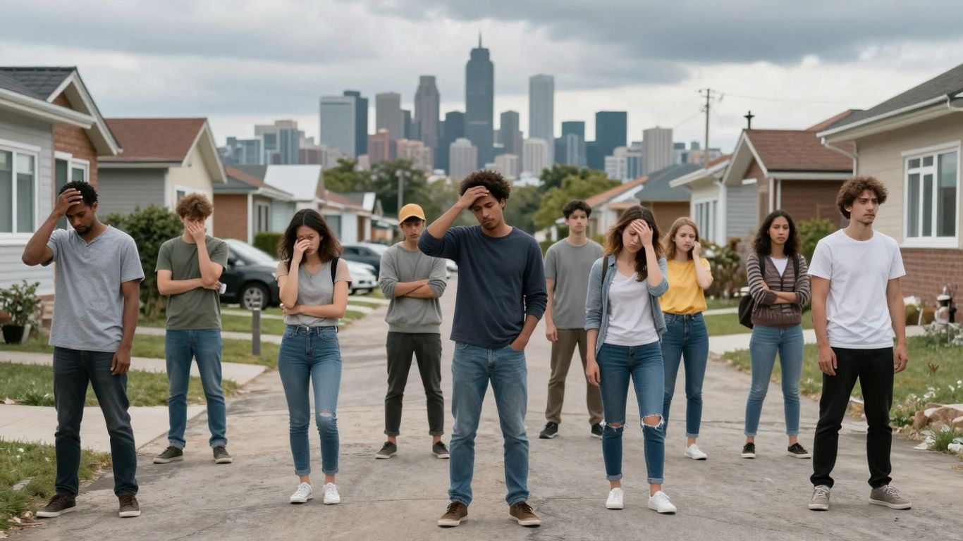 Households in temporary accommodation with city skyline.