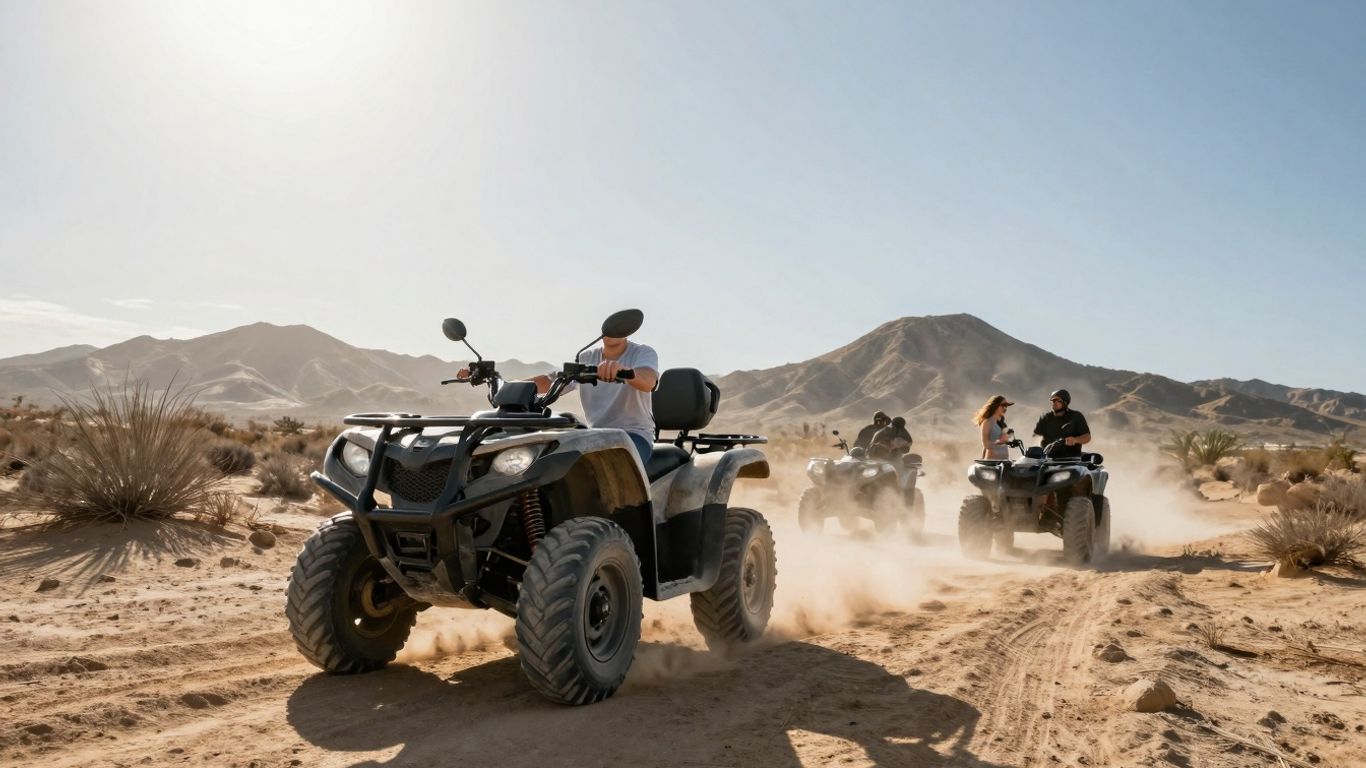 ATV off-roading on a dusty Cabo desert trail.