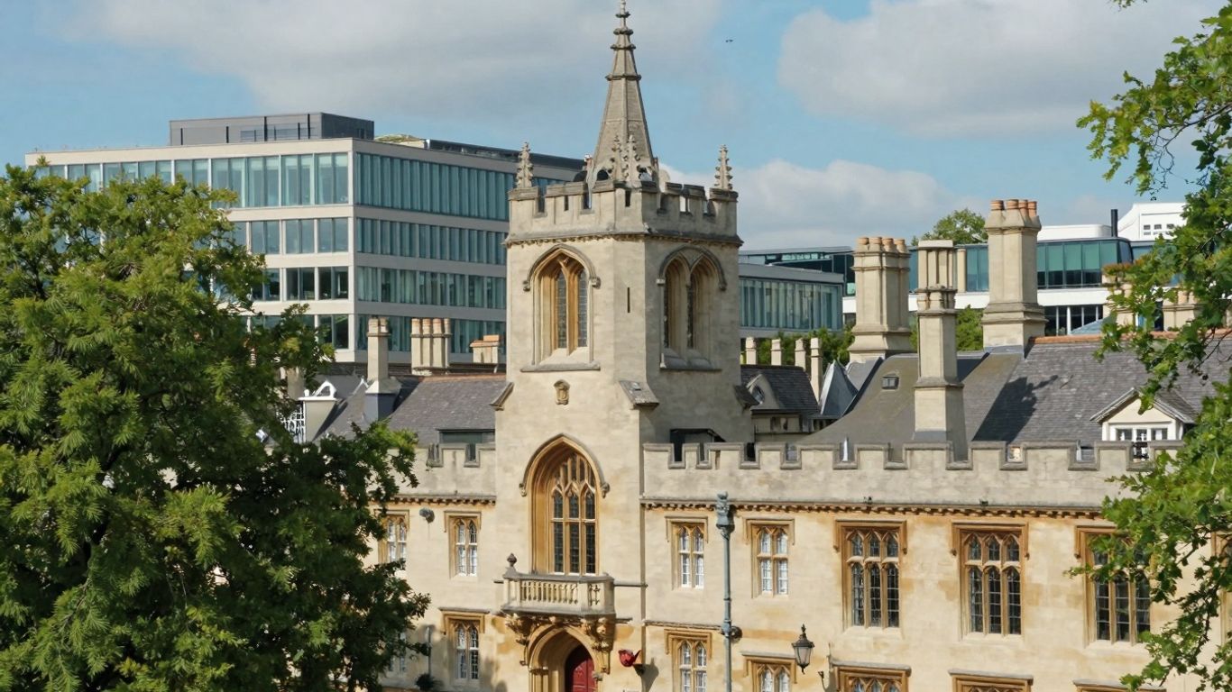 Oxford skyline with modern business buildings and greenery.