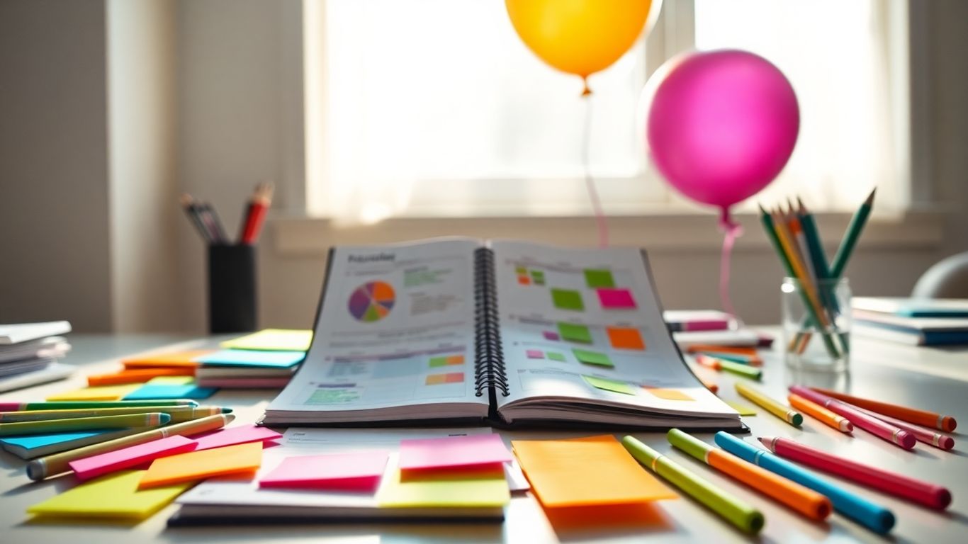 Event planning checklist with colorful notes and pens.