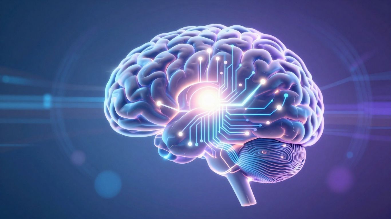 Stylised brain with digital circuits, blue and purple gradient.