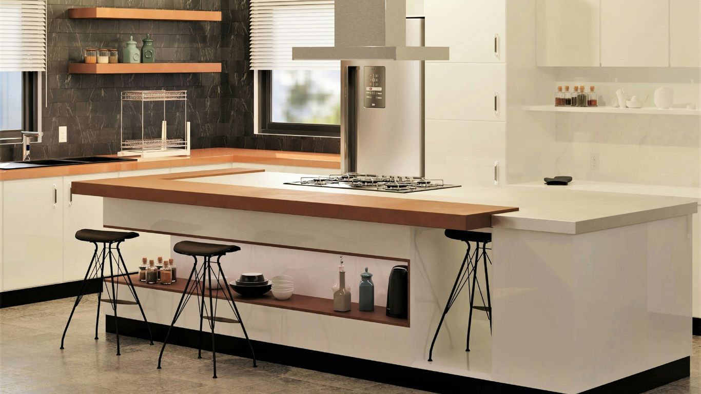Modern kitchen with white cabinetry and an island.