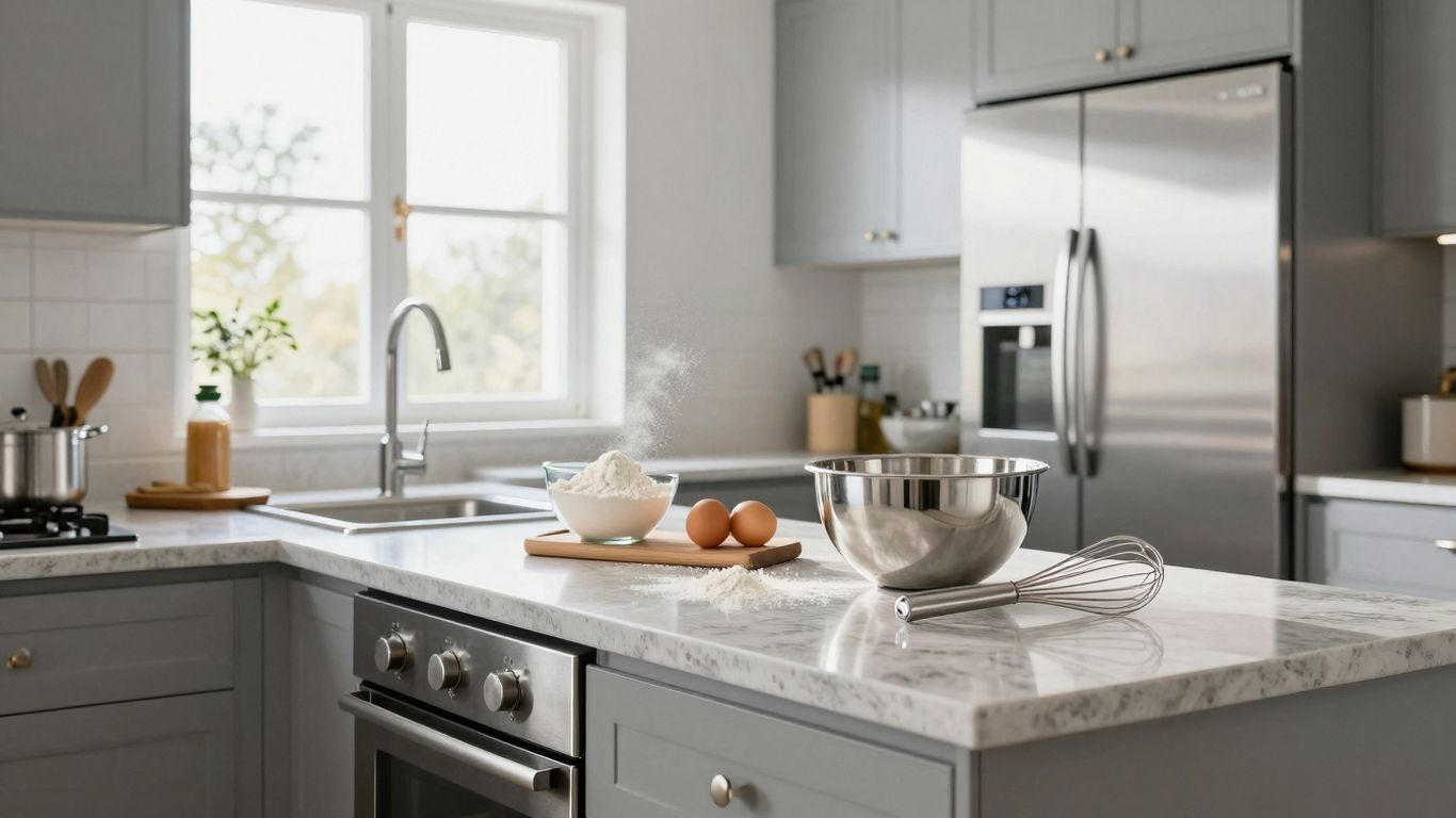 Modern kitchen with baking ingredients and equipment.
