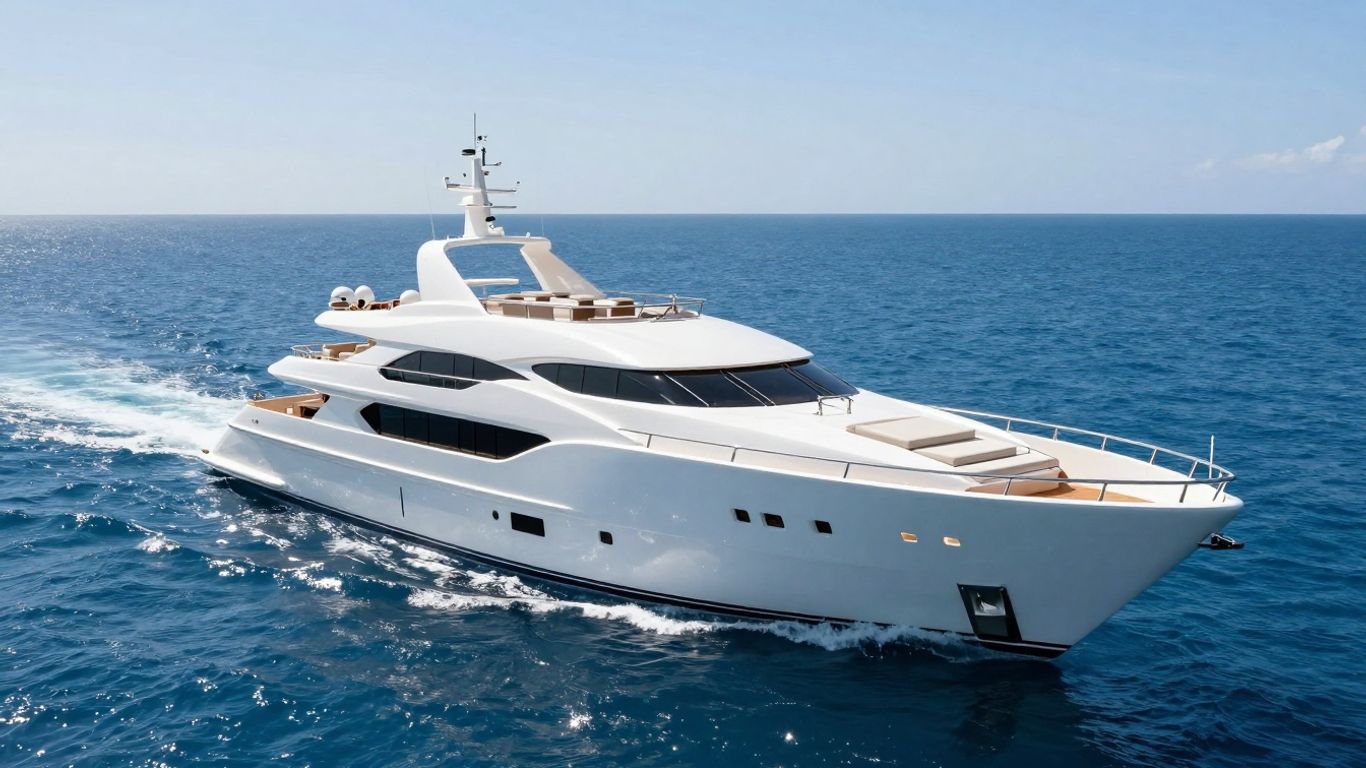 Opulent luxury yacht sailing on a clear blue ocean.