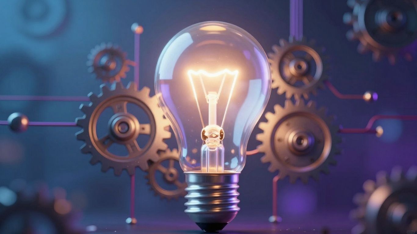 Lightbulb emerging from gears and circuits, intellectual property concept.