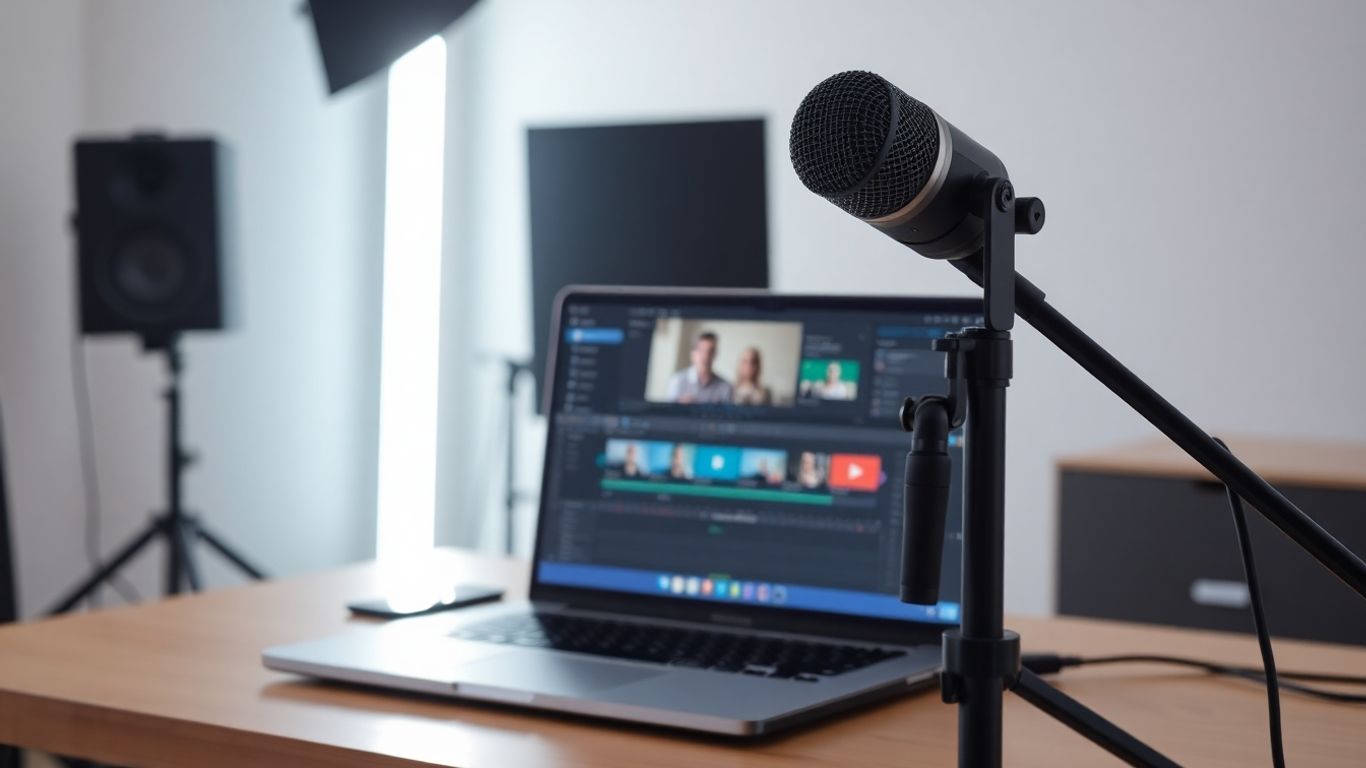 YouTube video production setup with laptop and microphone.