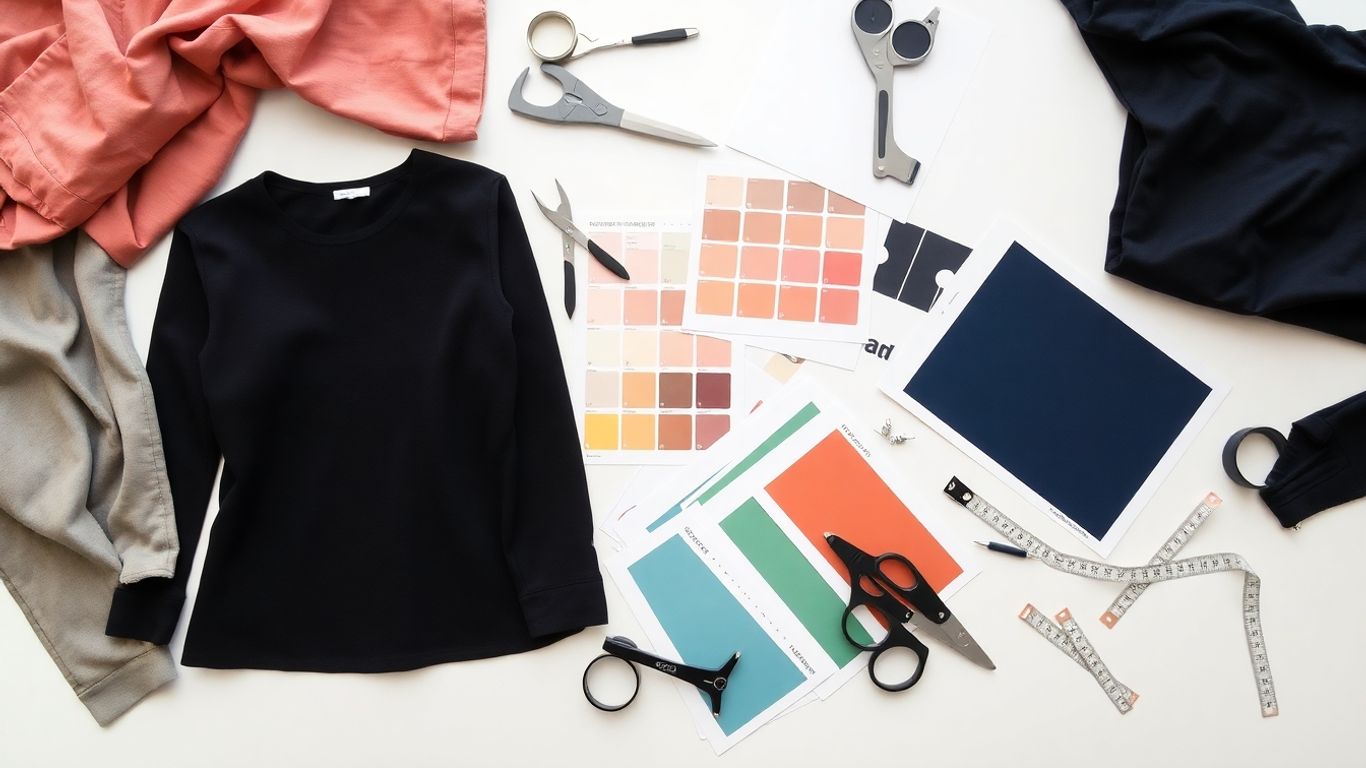 Apparel tech pack design elements flat lay