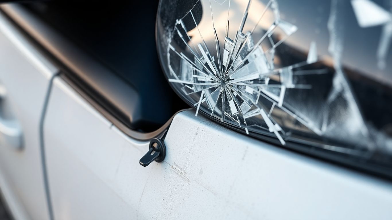 Beschädigtes Auto mit Fokus auf Stoßstange und Spiegel.