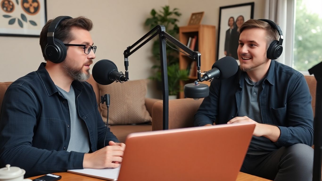 Remote podcast recording setup with microphones.