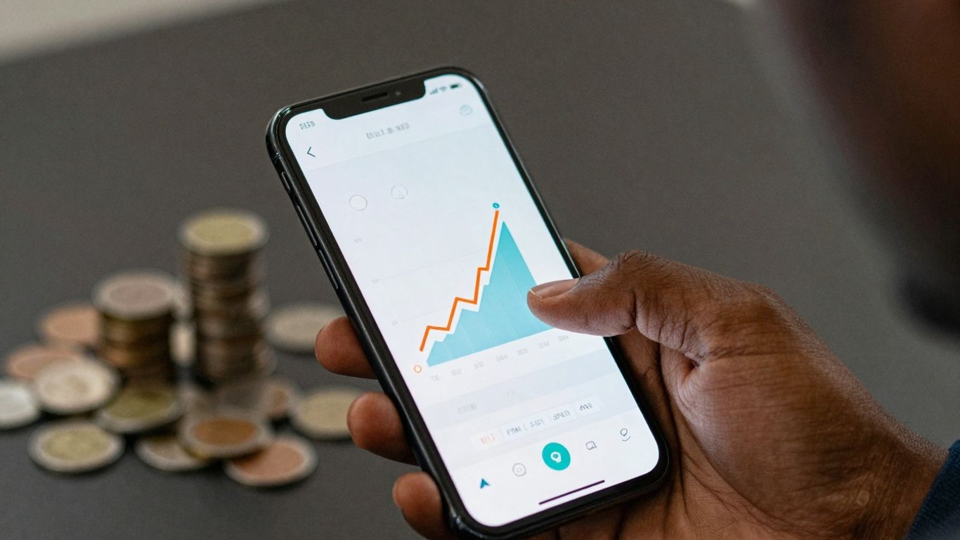 Mão segurando celular com interface FGTS Digital.