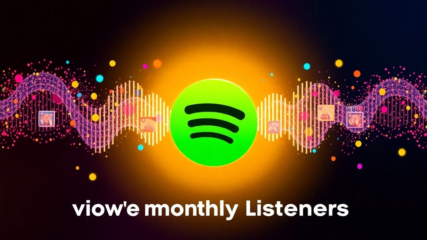 Spotify logo with sound waves and colorful particles.