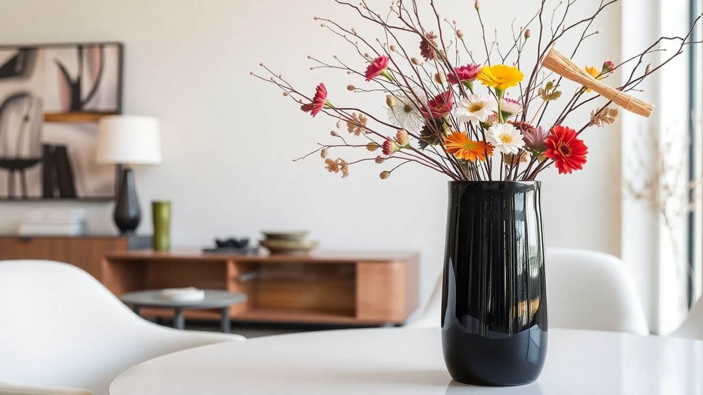 Black vase with flowers on modern table setup