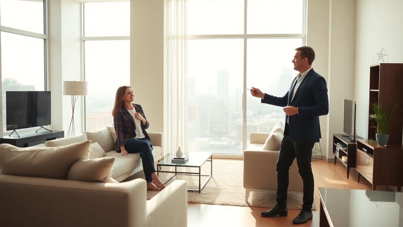 Cuplu fericit vizionând un apartament modern cu agent imobiliar