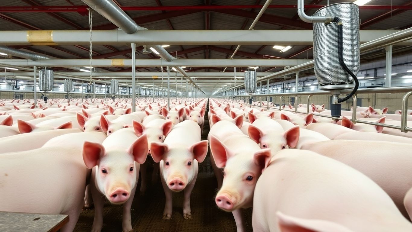 Modern swine farm with pigs and technology.