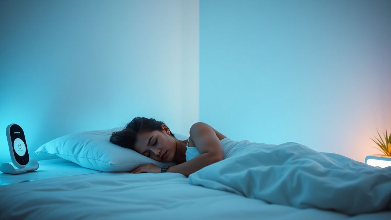 Futuristic bedroom with smart technology and peaceful sleeper.