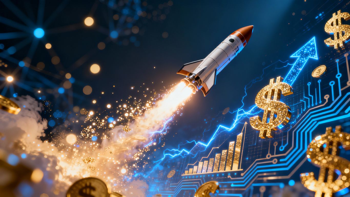 Rocket launch with energy trails and financial symbols.