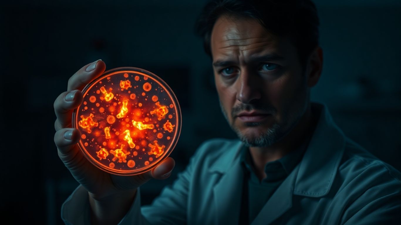 Scientifique inquiet tenant une boîte de Pétri avec des bactéries.