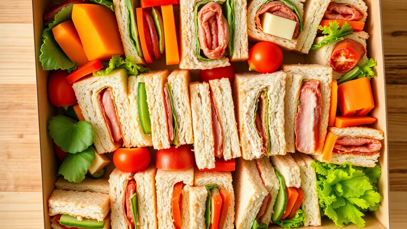 แซนวิชหลากหลายในกล่องของว่าง จัดอย่างสวยงาม น่ารับประทาน