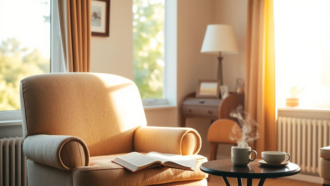 Cosy living room with armchair and sunlight.