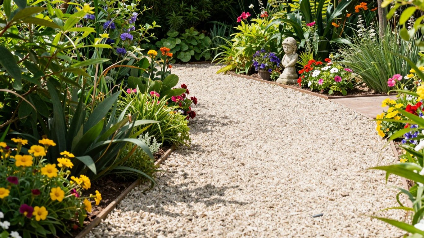 Grindpad in een zonnige tuin met bloemen en planten.