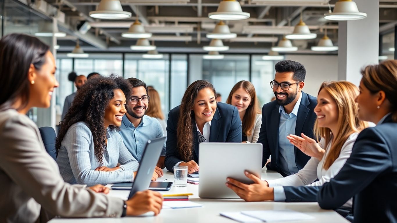 Pessoas em um ambiente de escritório moderno e profissional.