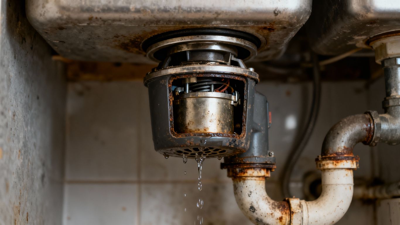 Garbage disposal unit with dripping water under sink.