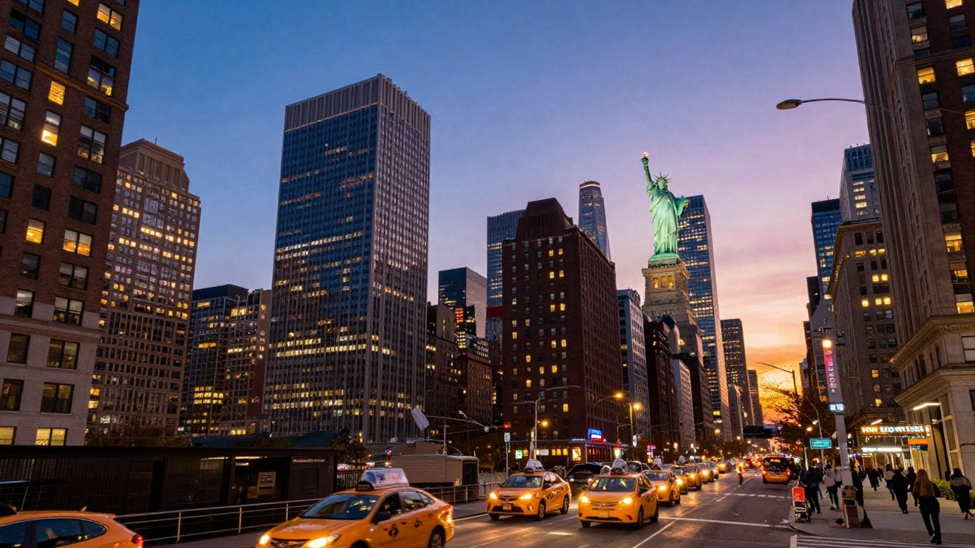 New York City skyline at dusk with taxis.
