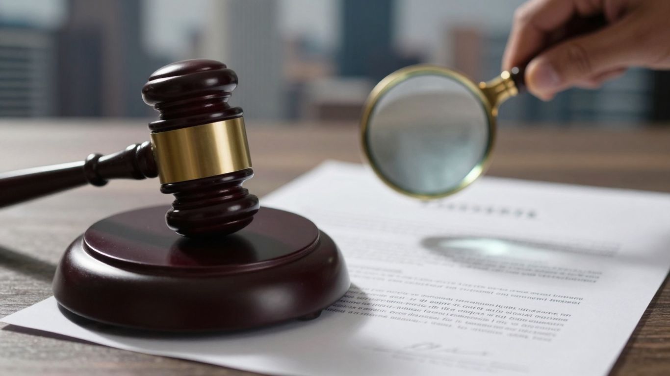 Gavel striking document near magnifying glass on property deed.