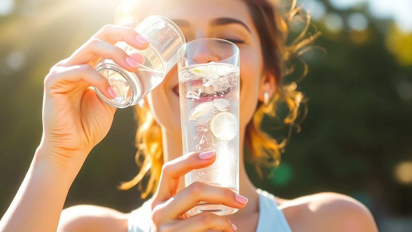 Persoană energică bând apă limpede la soare.