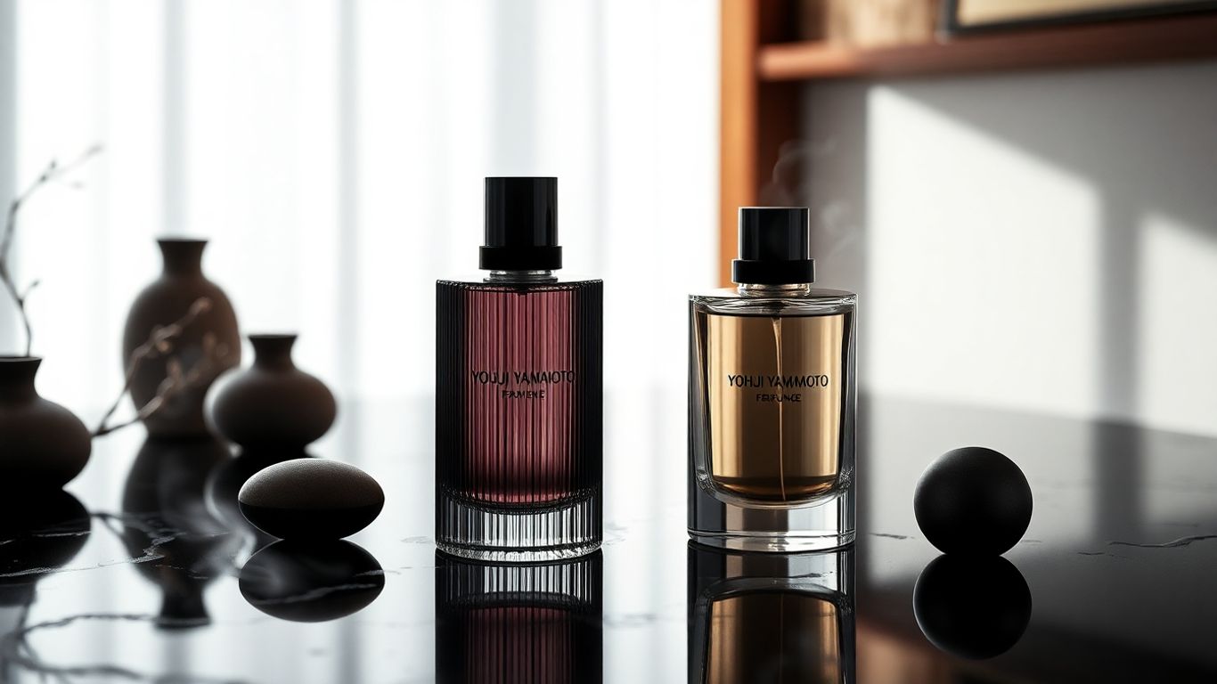 Yohji Yamamoto perfume bottles on reflective surface