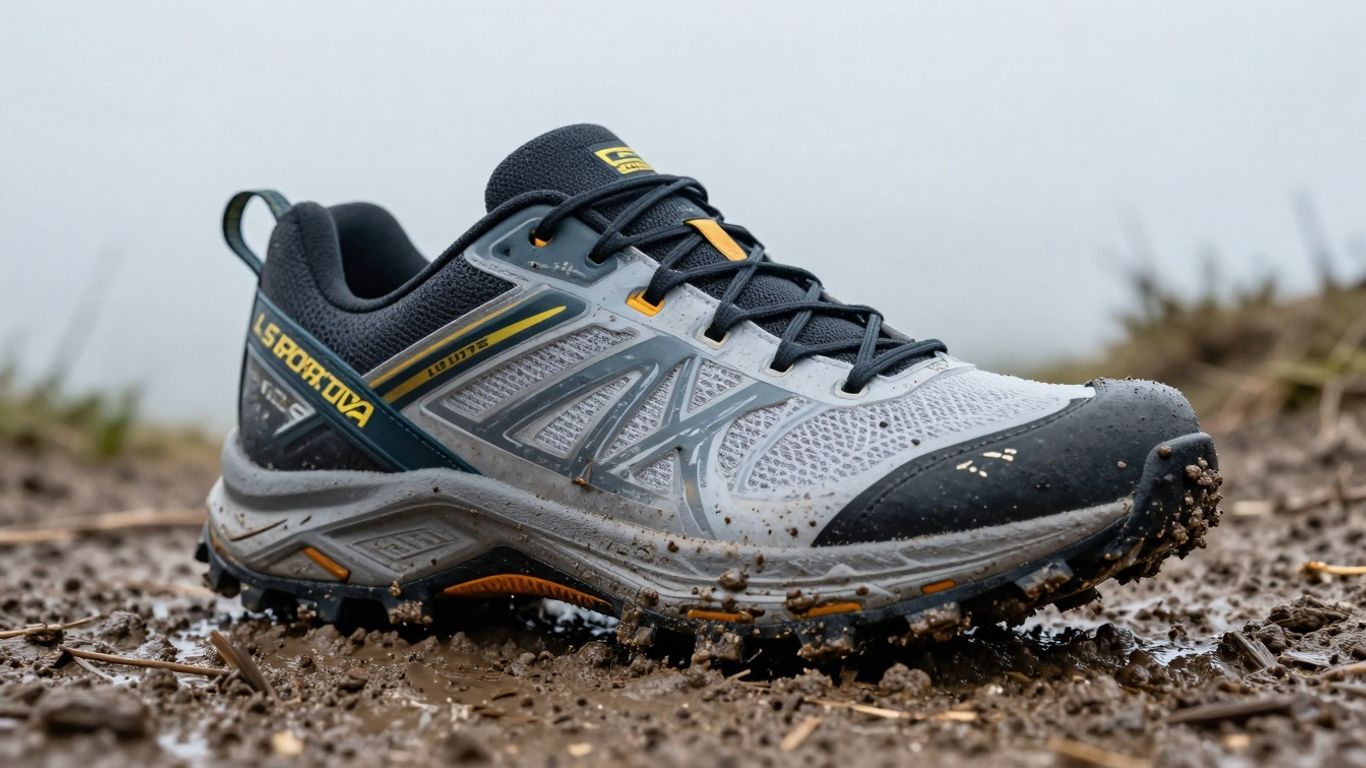 La Sportiva Mutant trail running shoe covered in mud.