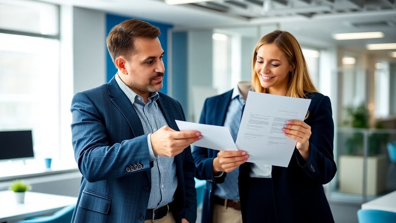 Zwei Personen besprechen Dokumente in einem Büro mit blauen Akzenten.
