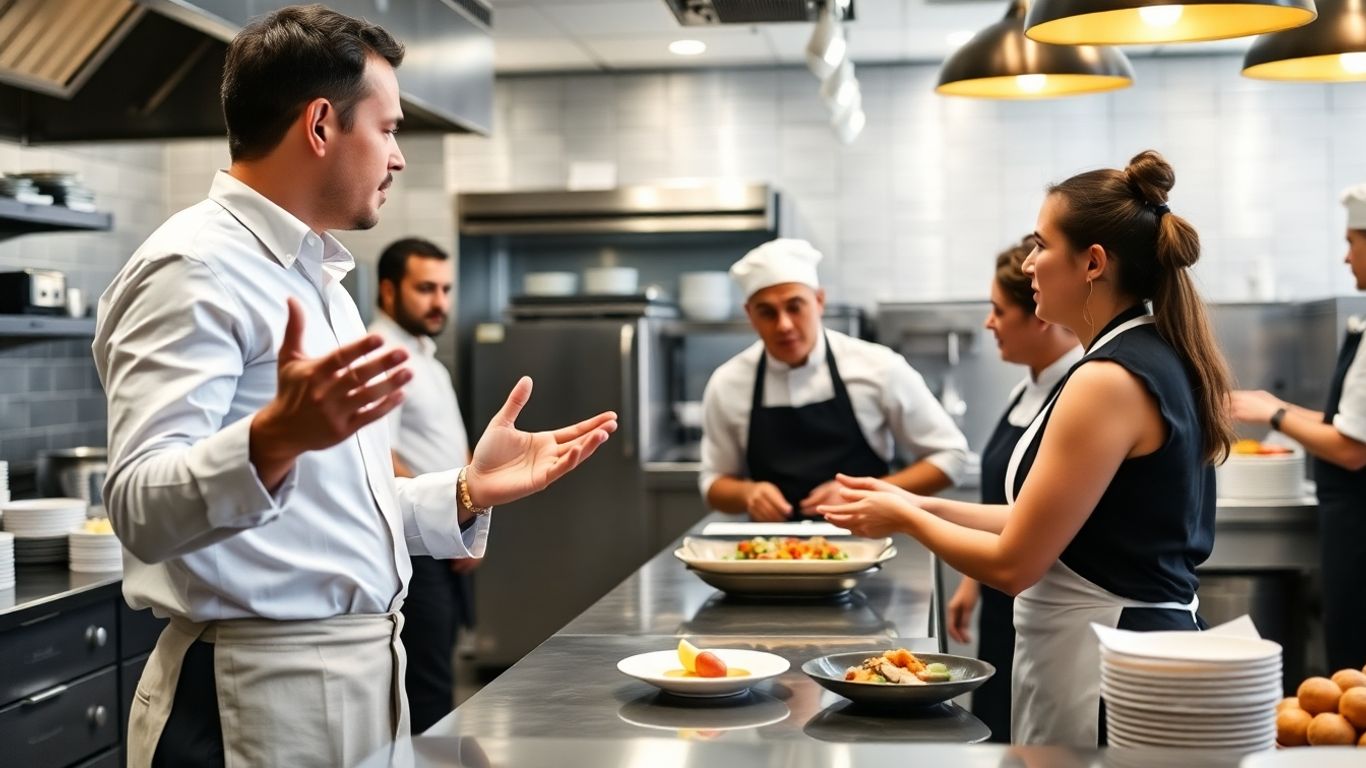 Consultant en restauration travaillant avec une équipe de cuisine.