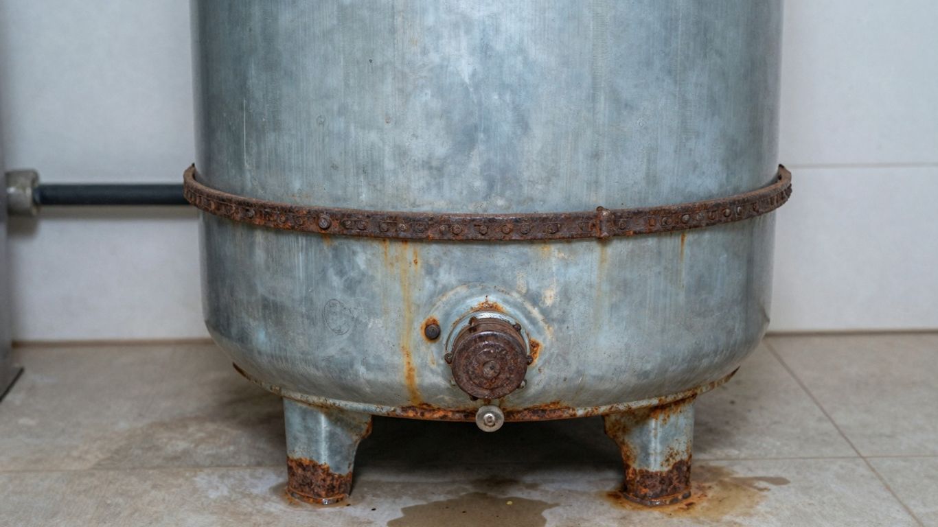 Rusty hot water cylinder with water leak.
