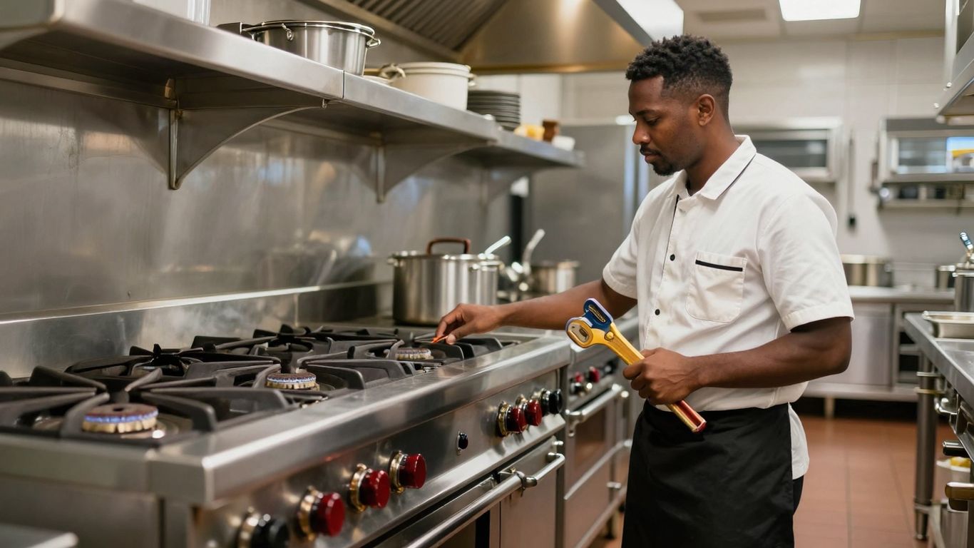 Catering gas engineer inspecting commercial kitchen cooking equipment.