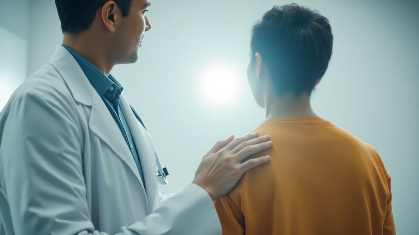 Doctor și pacient privind spre lumină.