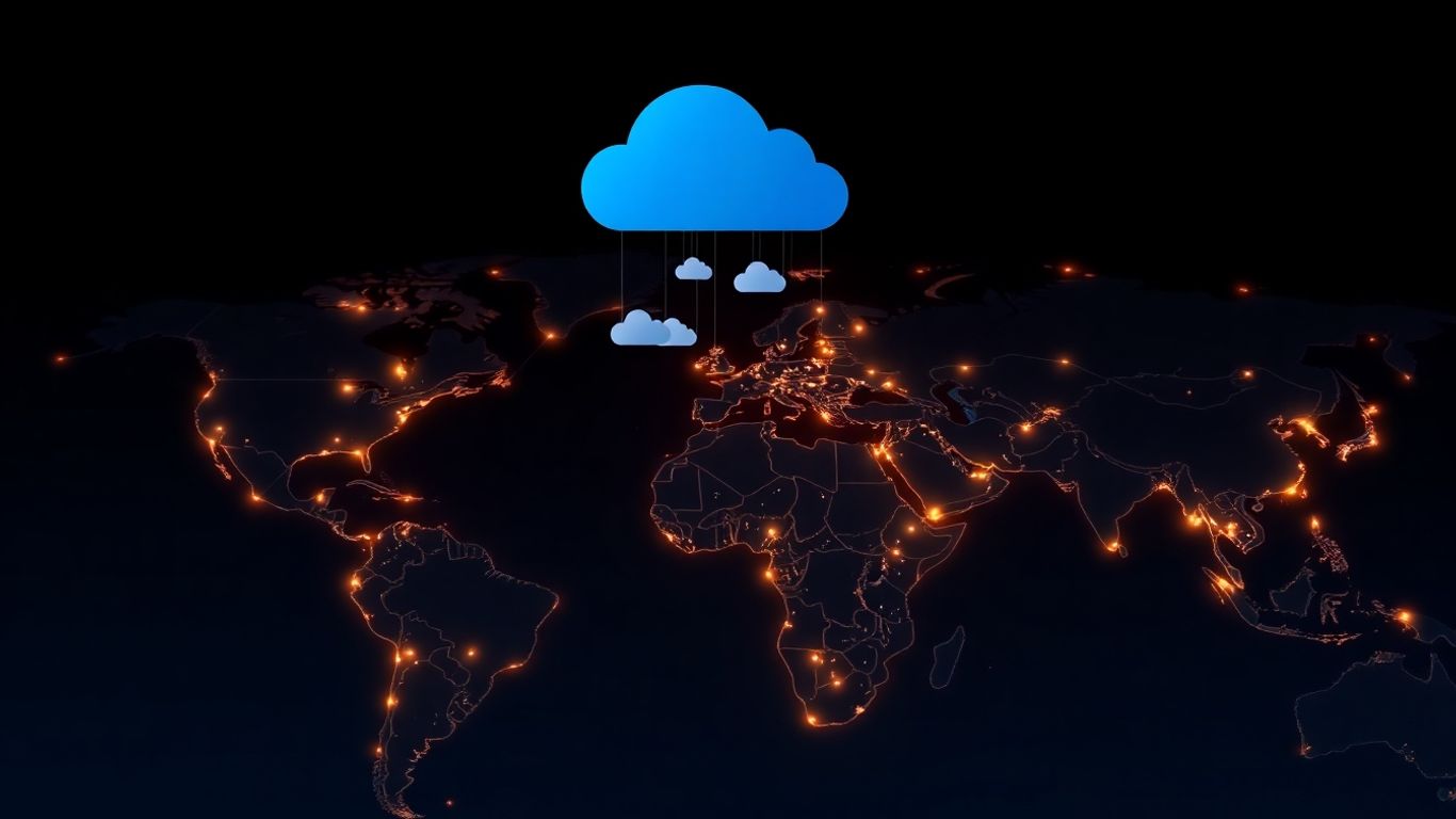 Carte du monde avec des connexions cloud et des perturbations numériques.