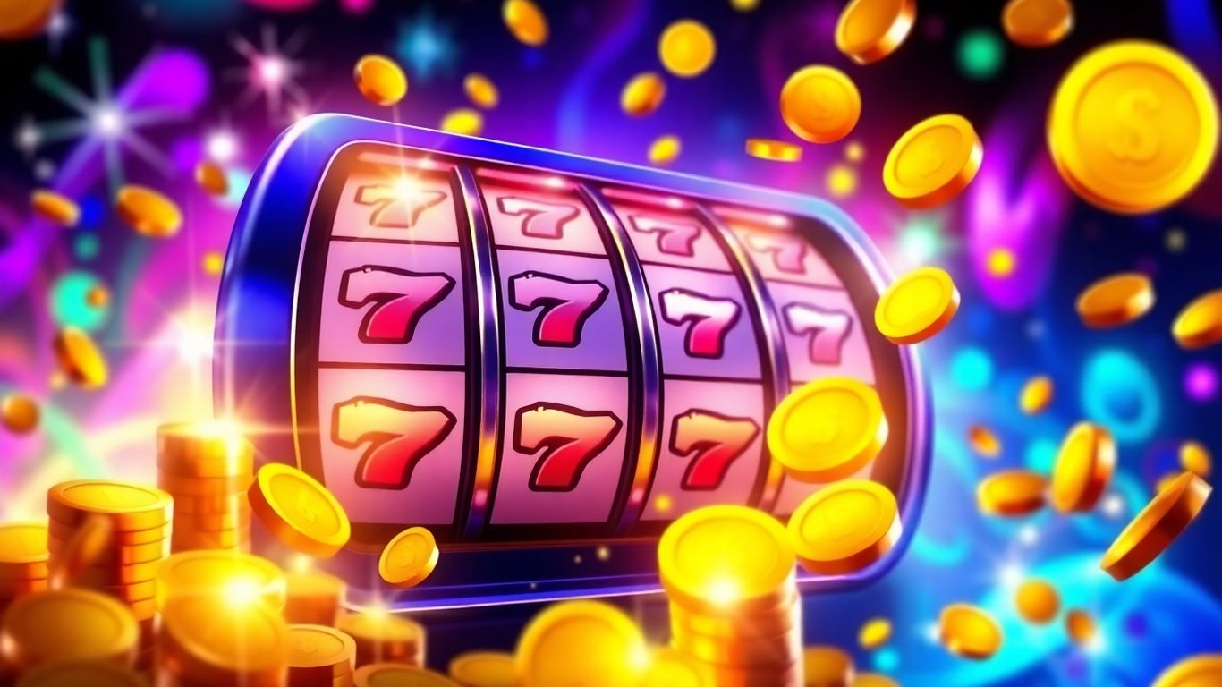 Slot machine with jackpot symbols and cascading coins.